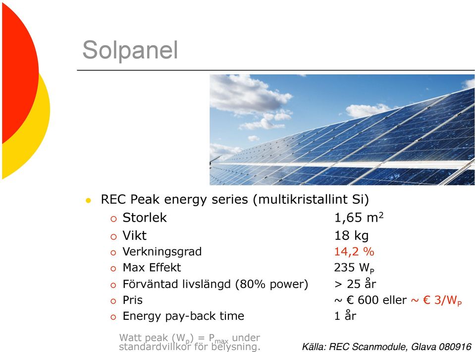 > 25 år Pris ~ 600 eller ~ 3/W P Energy pay-back time 1 år Watt peak (W p ) =