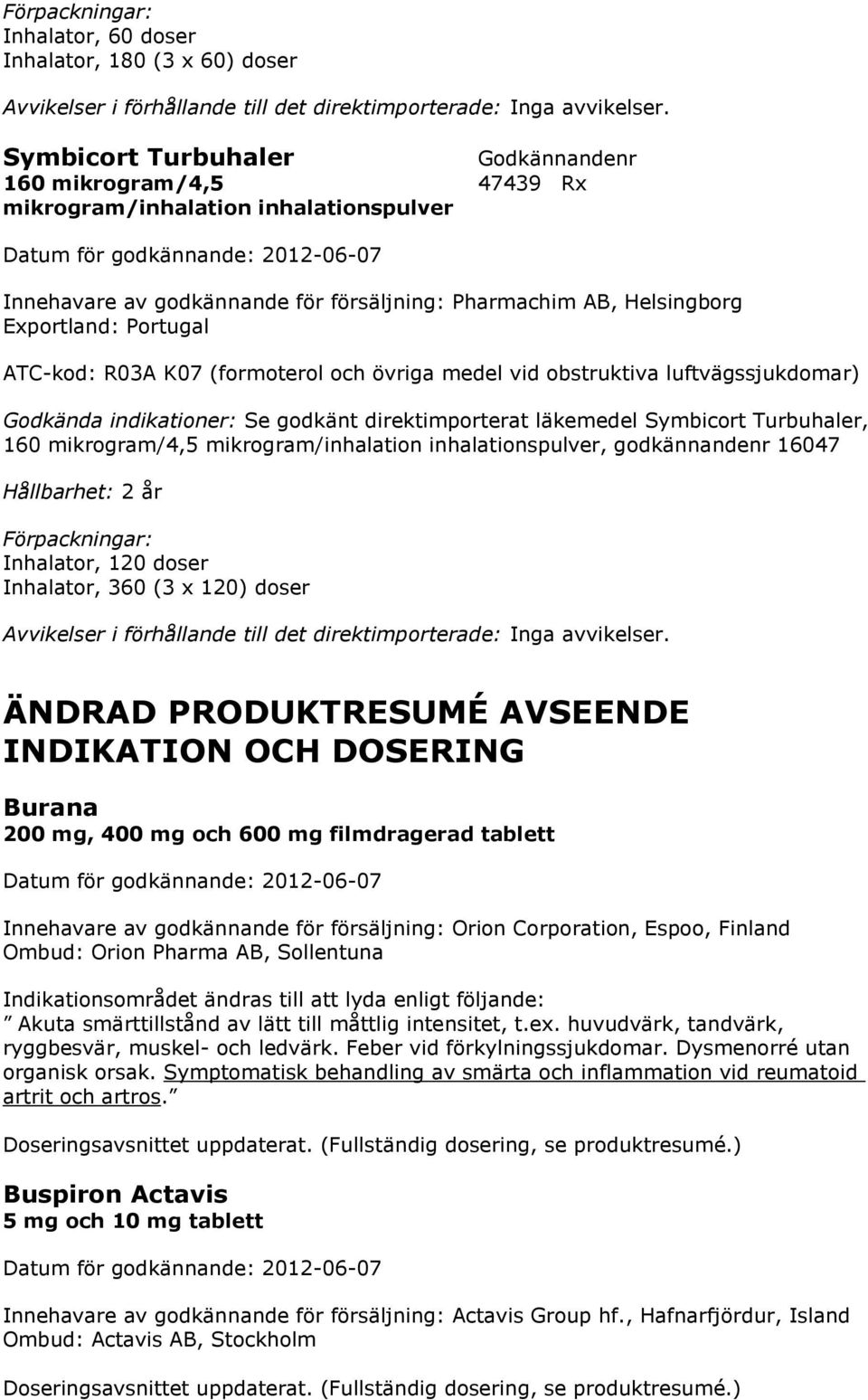 (formoterol och övriga medel vid obstruktiva luftvägssjukdomar) Godkända indikationer: Se godkänt direktimporterat läkemedel Symbicort Turbuhaler, 160 mikrogram/4,5 mikrogram/inhalation