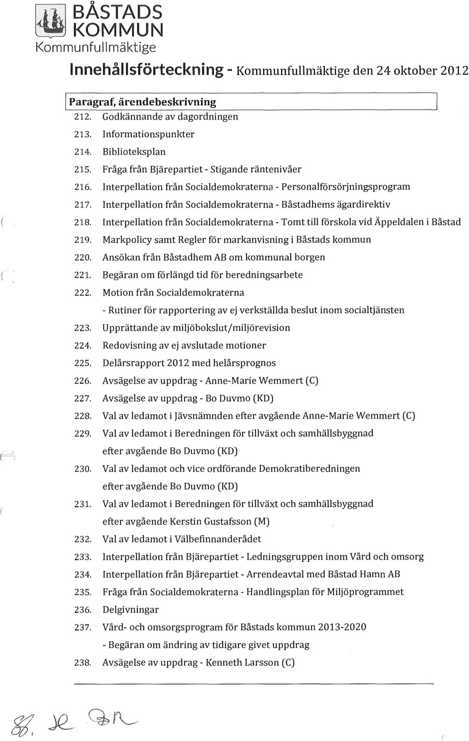 Interpellation från Socialdemokraterna- Båstadhems ägardirektiv 218. Interpellation från Socialdemokraterna- Tomt till förskola vid Äppeldalen i Båstad 219.