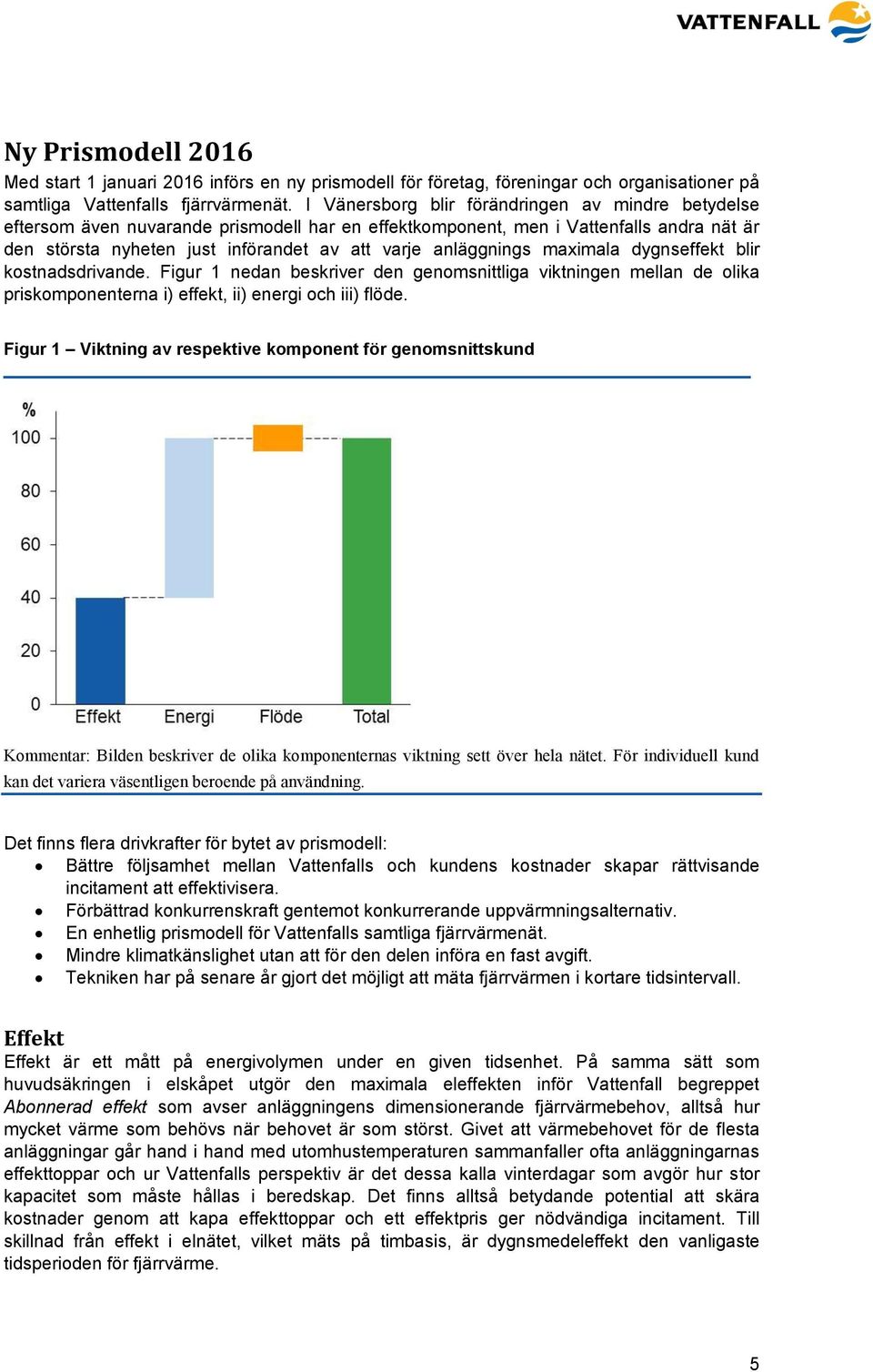 anläggnings maximala dygnseffekt blir kostnadsdrivande. Figur 1 nedan beskriver den genomsnittliga viktningen mellan de olika priskomponenterna i) effekt, ii) energi och iii) flöde.