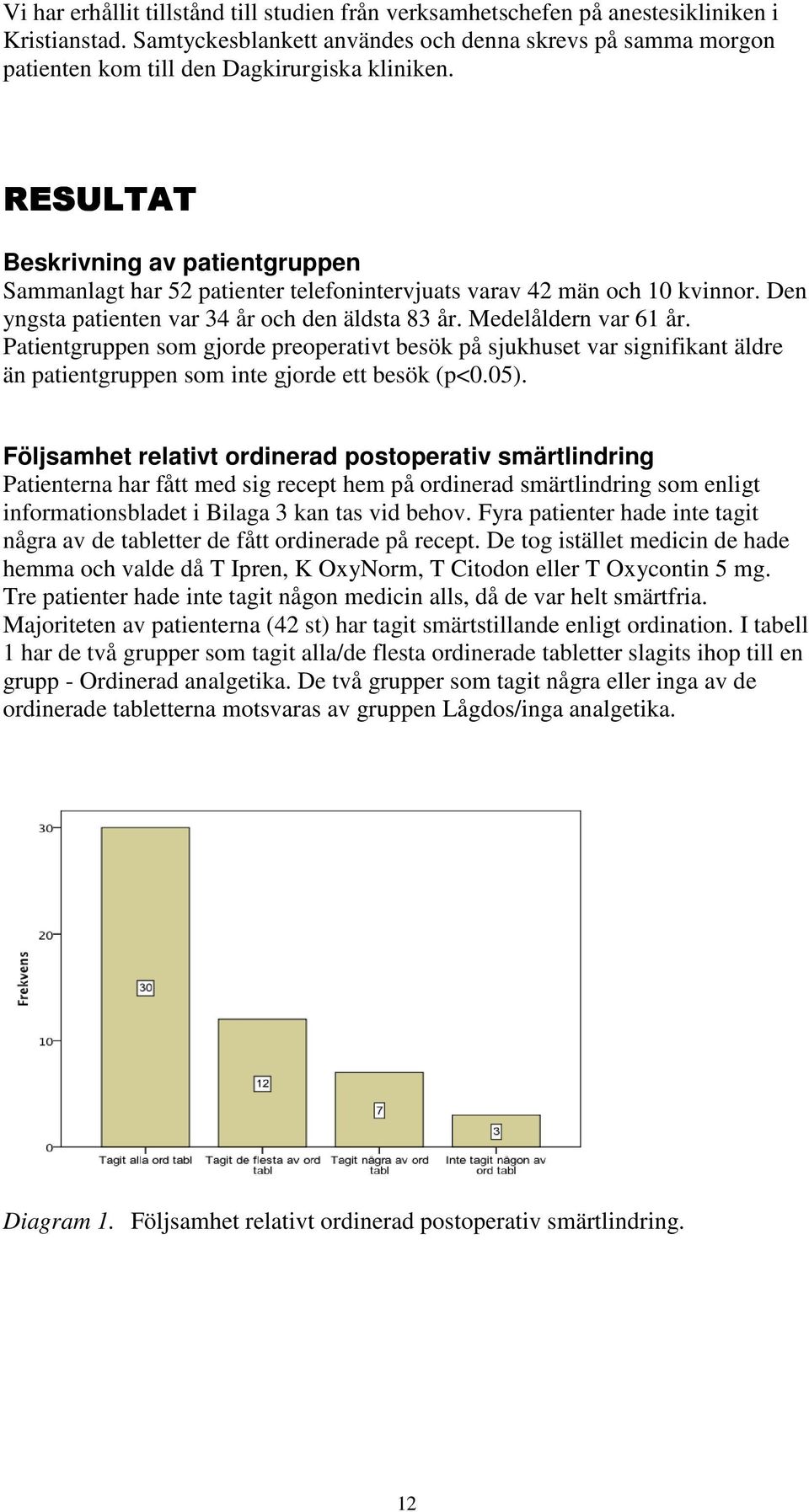 RESULTAT Beskrivning av patientgruppen Sammanlagt har 52 patienter telefonintervjuats varav 42 män och 10 kvinnor. Den yngsta patienten var 34 år och den äldsta 83 år. Medelåldern var 61 år.