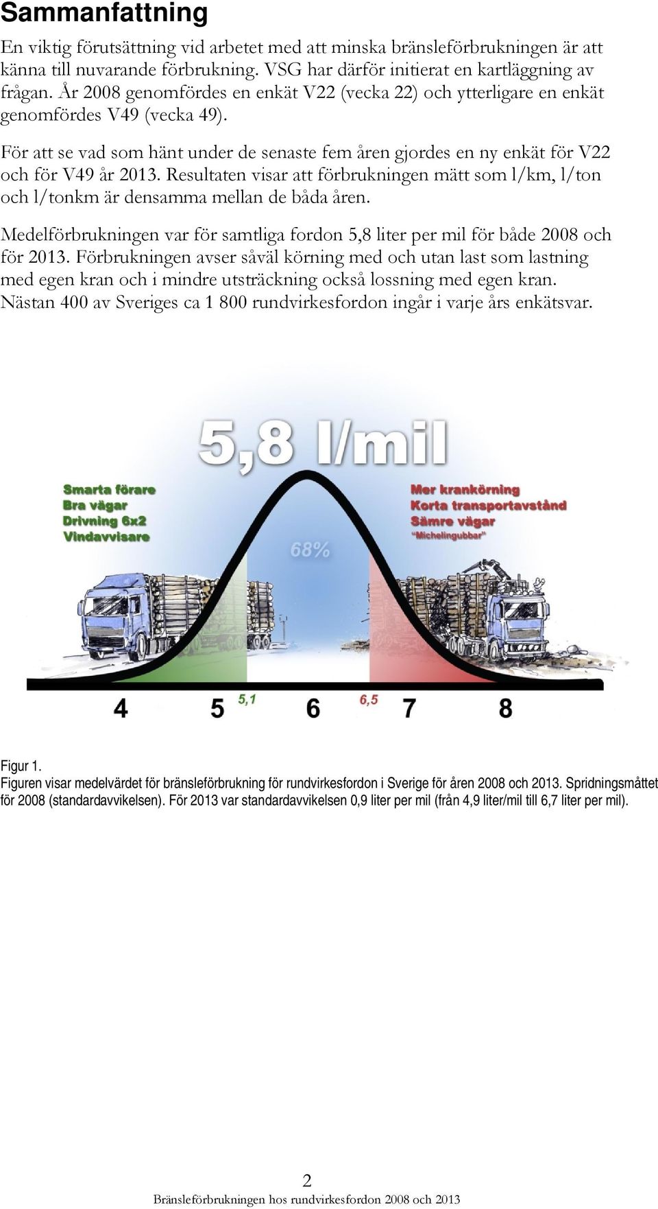 Resultaten visar att förbrukningen mätt som l/km, l/ton och l/tonkm är densamma mellan de båda åren. Medelförbrukningen var för samtliga fordon 5,8 liter per mil för både 2008 och för 2013.