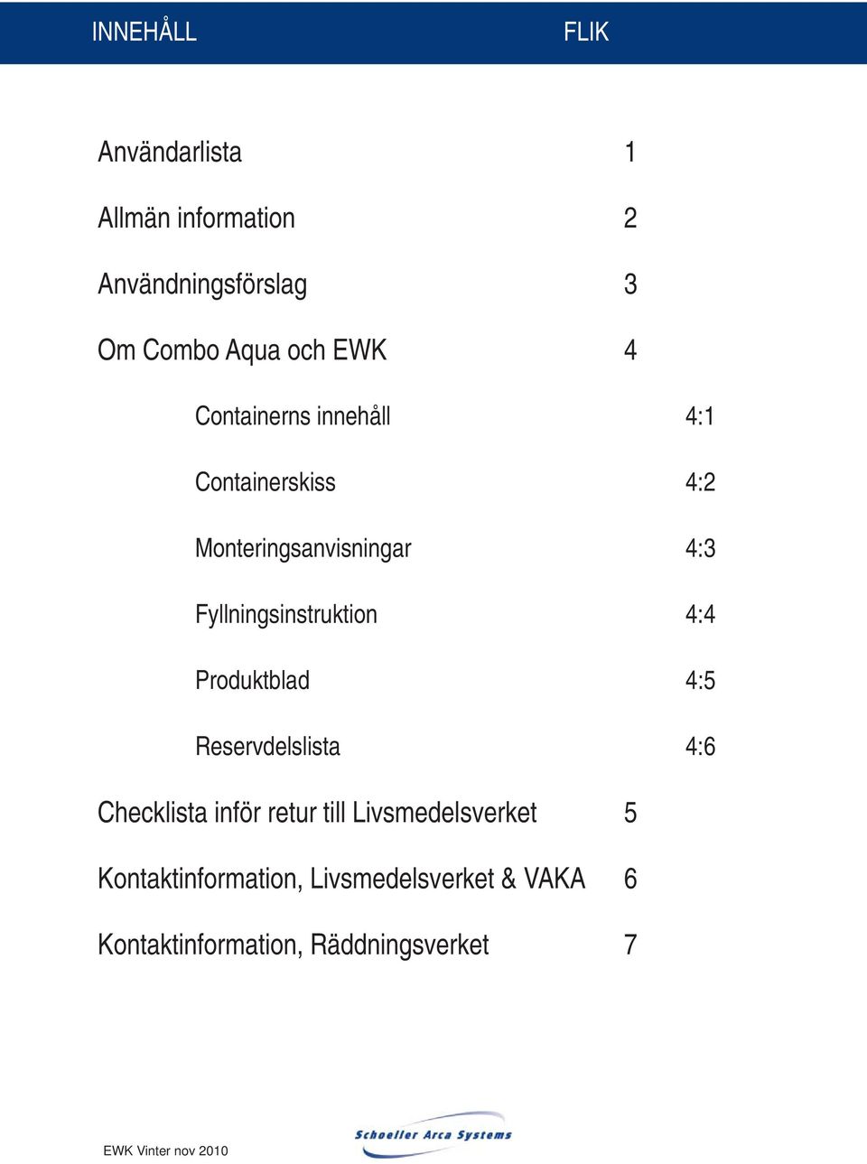 Fyllningsinstruktion 4:4 Produktblad 4:5 Reservdelslista 4:6 Checklista inför retur till