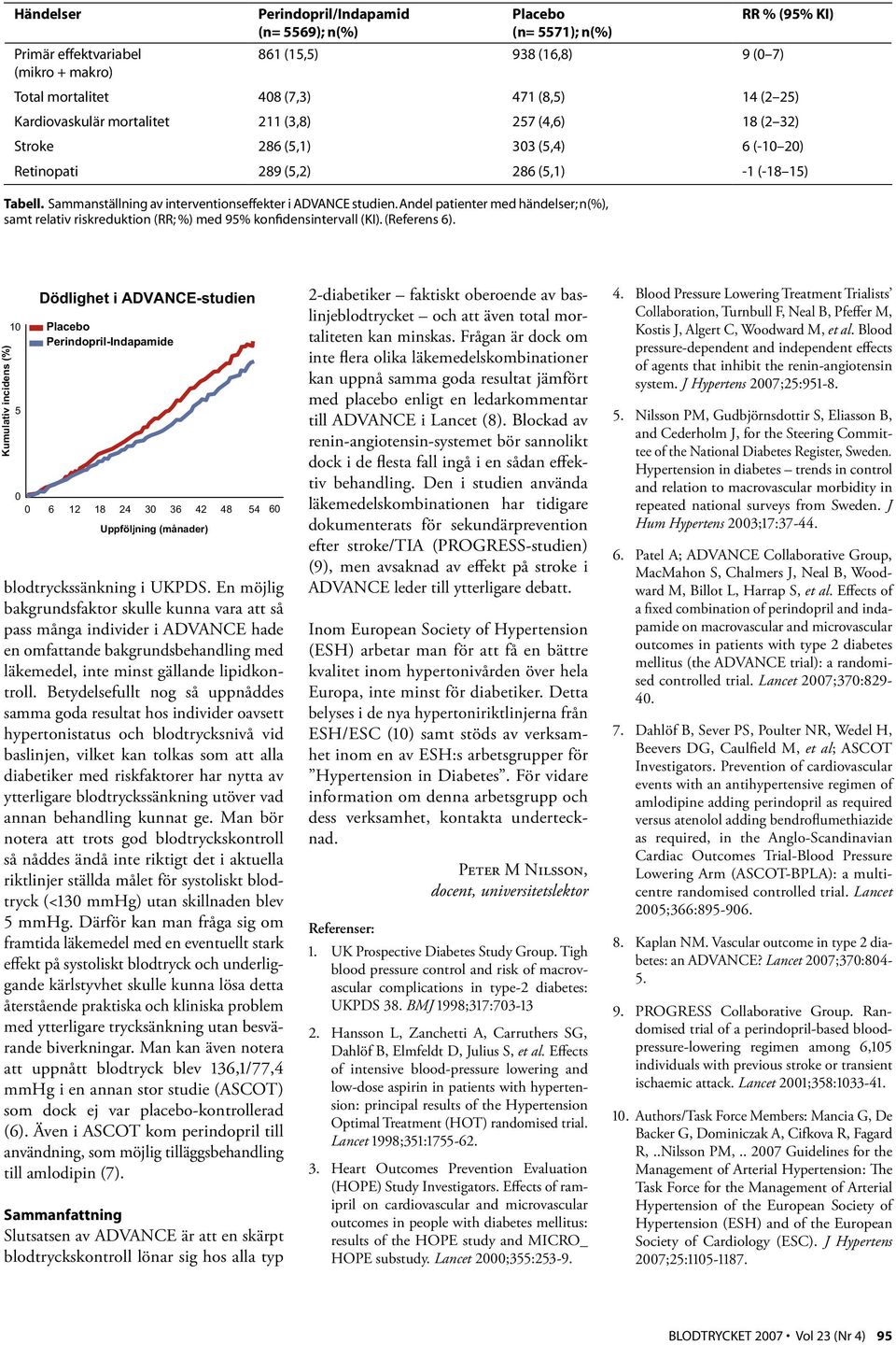 Sammanställning av interventionseffekter i ADVANCE studien. Andel patienter med händelser; n(%), samt relativ riskreduktion (RR; %) med 95% konfidensintervall (KI). (Referens 6).