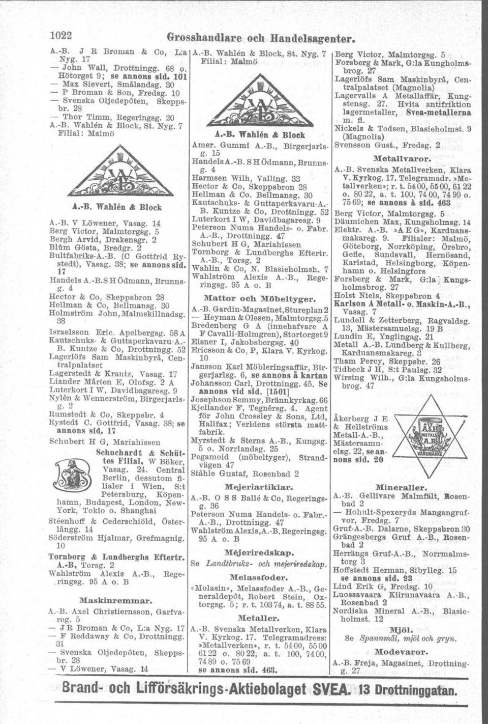 Gummi A. B., Bärgerjarls-.l.-B, WahIen '" Block A. B. V Löwener, Vasag. 14 Berg Victor, Malmtorgsg. 5 Bergh Arvid, Drakenagr. 2 Blum Gösta, Bredgr. 2 Bultfabriks A. B. (C Gottfrid Rystedt), Vasag.