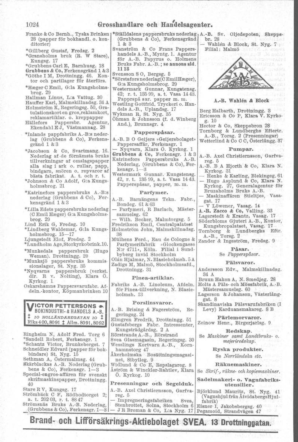 Holmens Kungsg. 17 Bruks Fabr. A.-B.; ss annous sid. "Grubbens Carl E, Barnhusg. 18 1113 GrubbeDs &; Co, Ferkensgrllnd 1 &3 Svensson SO, Bergsg. 6 "Göthe I M, Drottningg. 46.