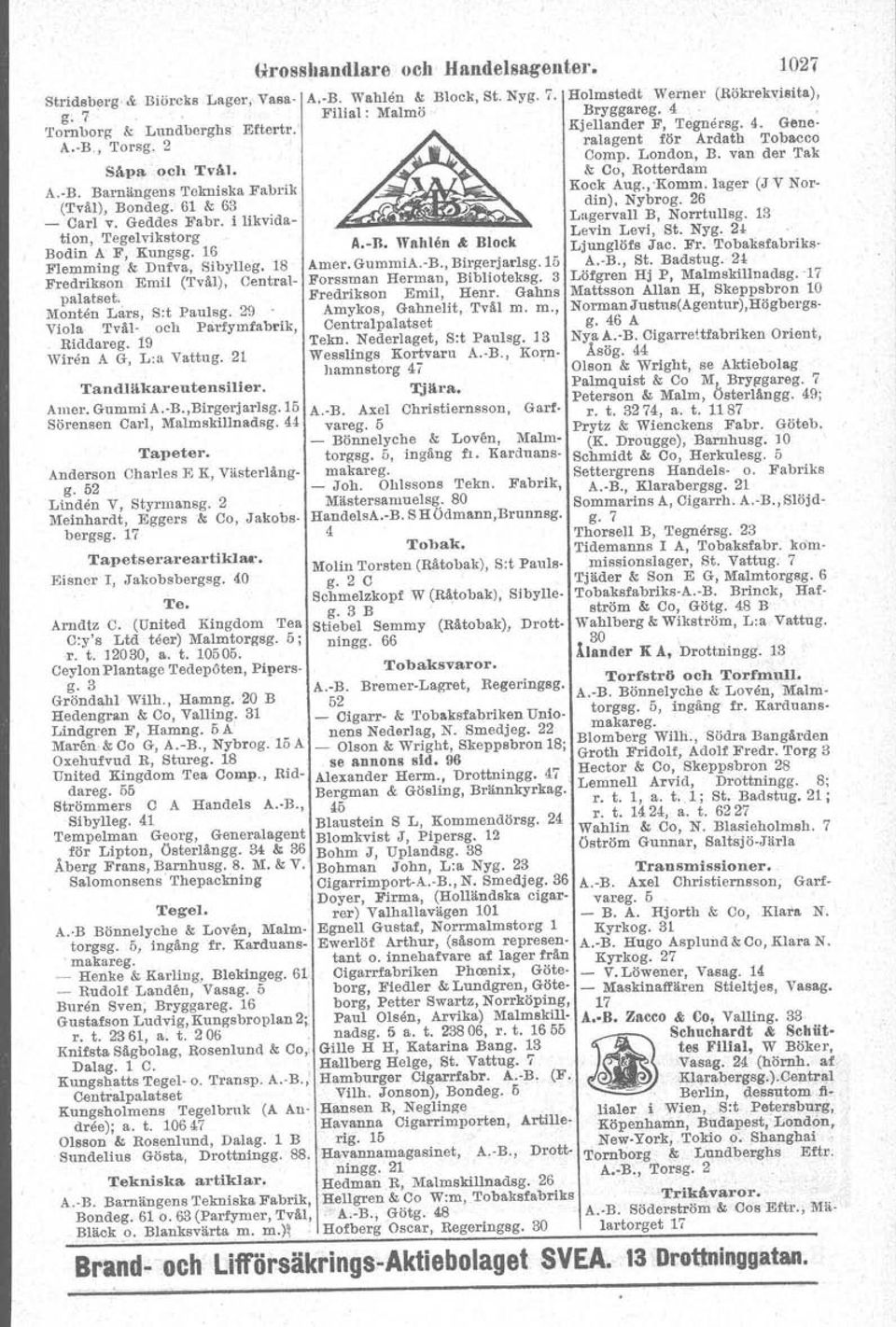 19 Wiren A G, L:a Vattug. 21 grosshandlare och Handelsagenter. 1027 A.-R. Wnhten & Block Amer. GummiA.-B., Birgerjarlsg.15 Forssman Herman, Biblioteksg. 3 Fredrikson Emil, Henr.