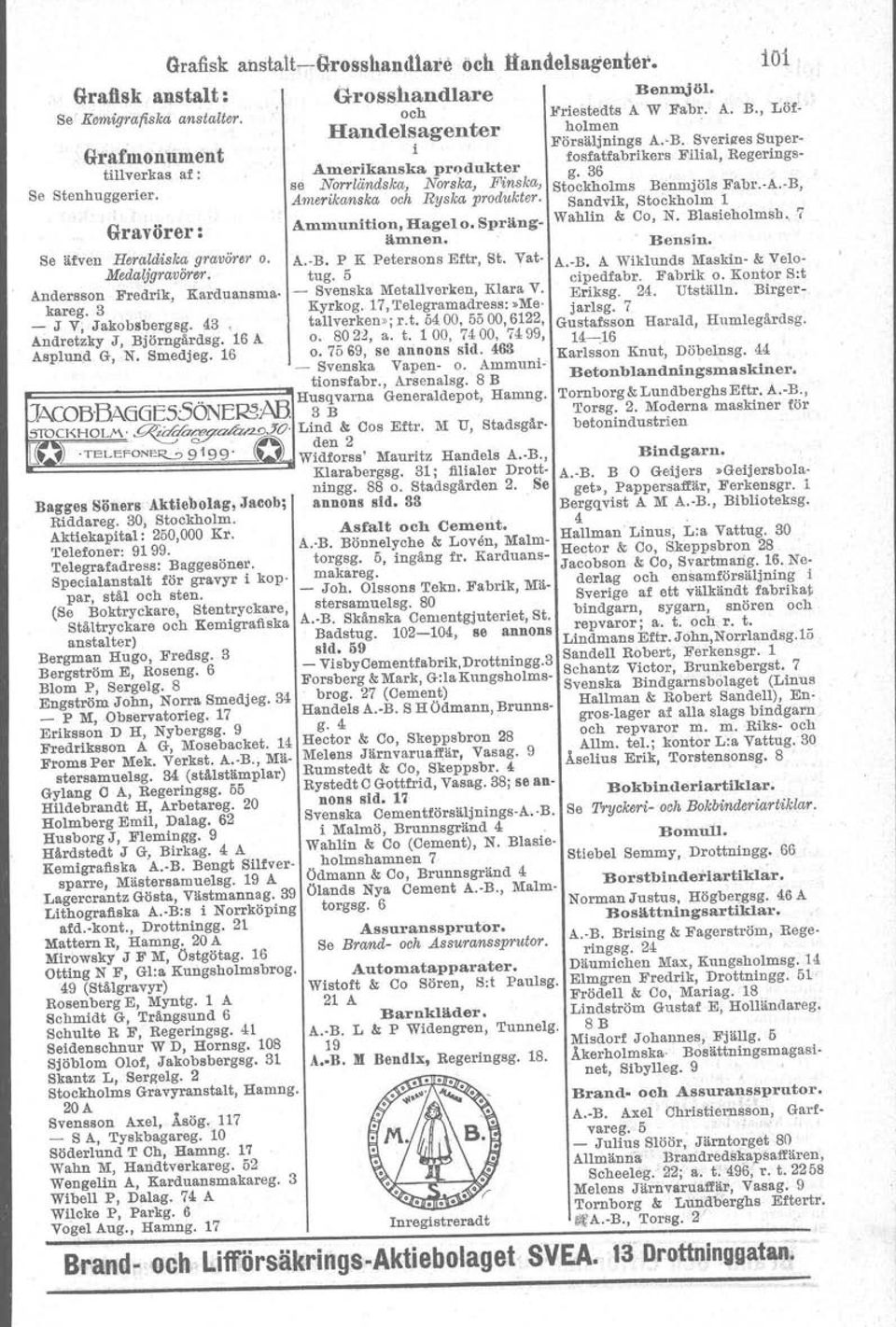 -A.-B,. Sandvik, Stockholm 1 Ammunition,Hagelo.Spräng- Wahlin & Co, N. Blasieholmsh, 7 ämnen. B~~nsin. A.-B. p K Petersons Eftr, se, Vat A.-B. A Wiklunds Maskin- & Velo- Se äfven Heraldiska gravörer o.