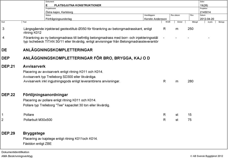 21 ANLÄGGNINGSKOMPLETTERINGAR ANLÄGGNINGSKOMPLETTERINGAR FÖR BRO, BRYGGA, KAJ O D Avvisarverk Placering av avvisarverk enligt ritning K011 och K014. Avvisarverk typ Trelleborg SD300 eller likvärdiga.