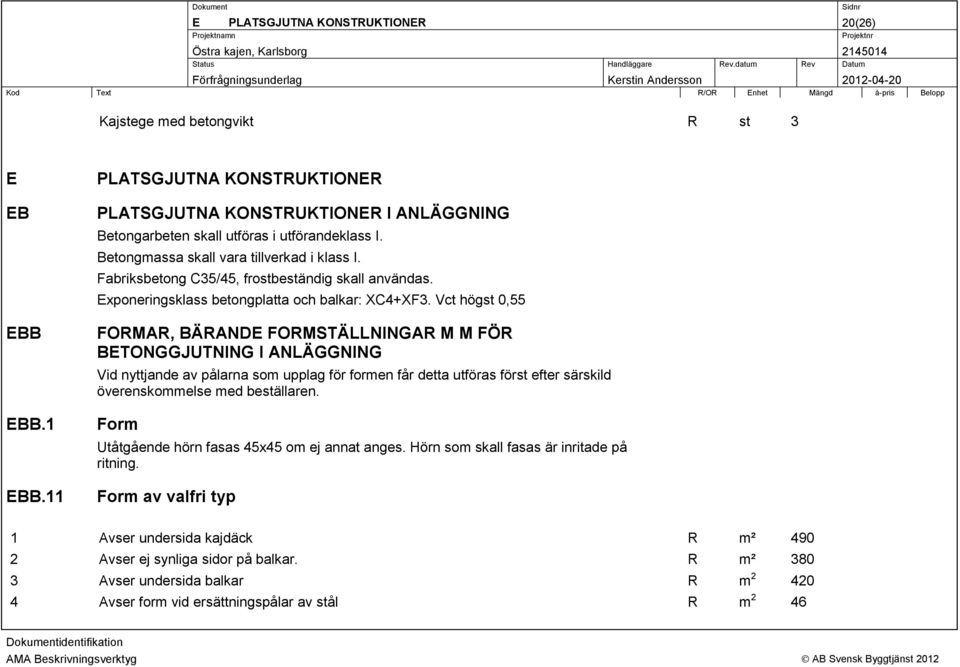 Fabriksbetong C35/45, frostbeständig skall användas. Exponeringsklass betongplatta och balkar: XC4+XF3.