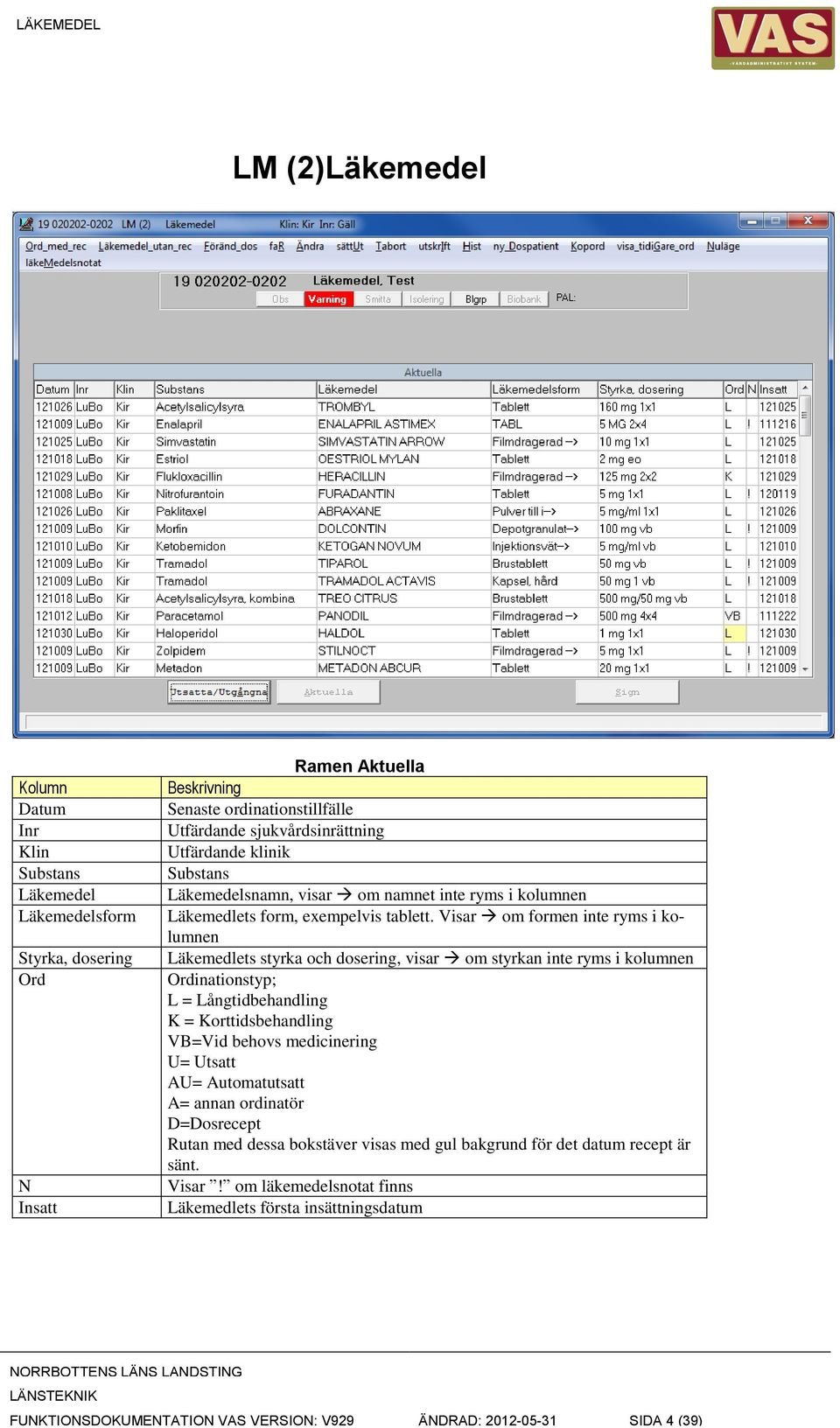 Visar om formen inte ryms i kolumnen Läkemedlets styrka och dosering, visar om styrkan inte ryms i kolumnen Ordinationstyp; L = Långtidbehandling K = Korttidsbehandling VB=Vid behovs medicinering