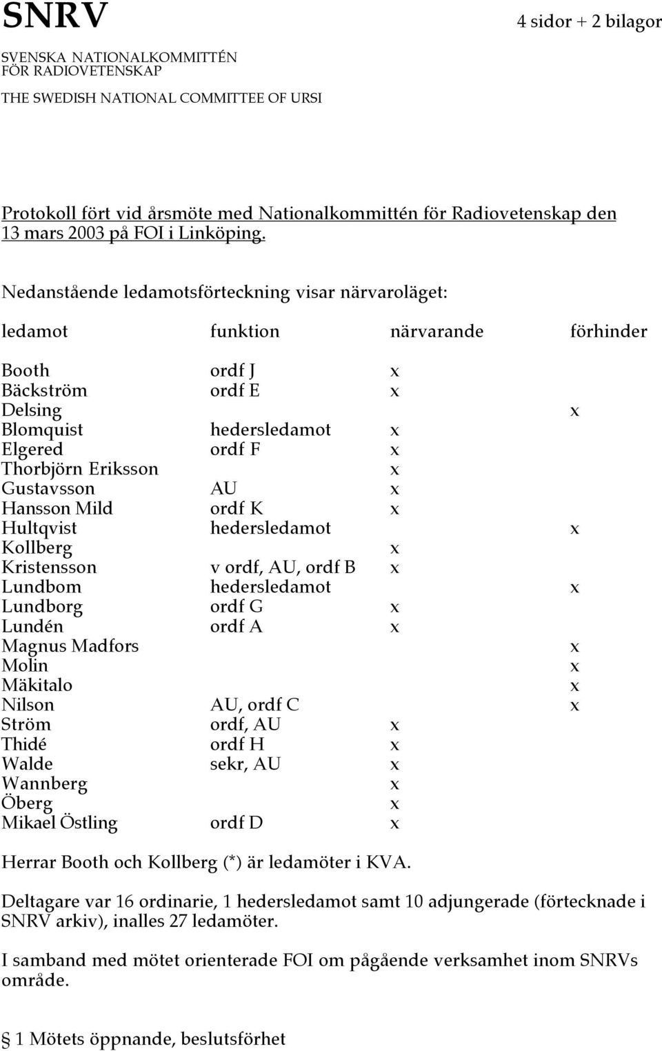 Nedanstående ledamotsförteckning visar närvaroläget: ledamot funktion närvarande förhinder Booth ordf J Bäckström ordf E Delsing Blomquist hedersledamot Elgered ordf F Thorbjörn Eriksson Gustavsson