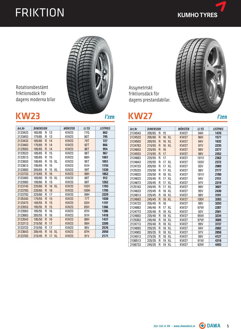 88T 967 2123513 185/65 R 15 KW23 88H 1061 2123633 195/65 R 15 XL KW23 95T 1051 2123613 195/65 R 15 KW23 91H 1155 2123693 205/65 R 15 XL KW23 99T 1330 2123733 215/65 R 16 KW23 98H 1862 2123493 185/60