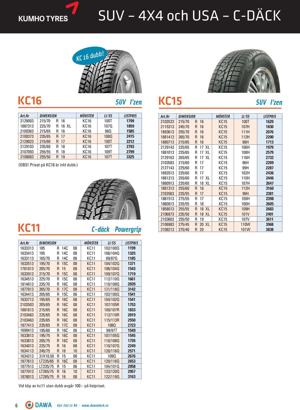 2129103 235/60 R 18 KC16 107T 2793 2107093 255/55 R 18 KC16 109T 2799 2108083 255/50 R 19 KC16 107T 3325 (OBS! Priset på KC16 är inkl dubb.