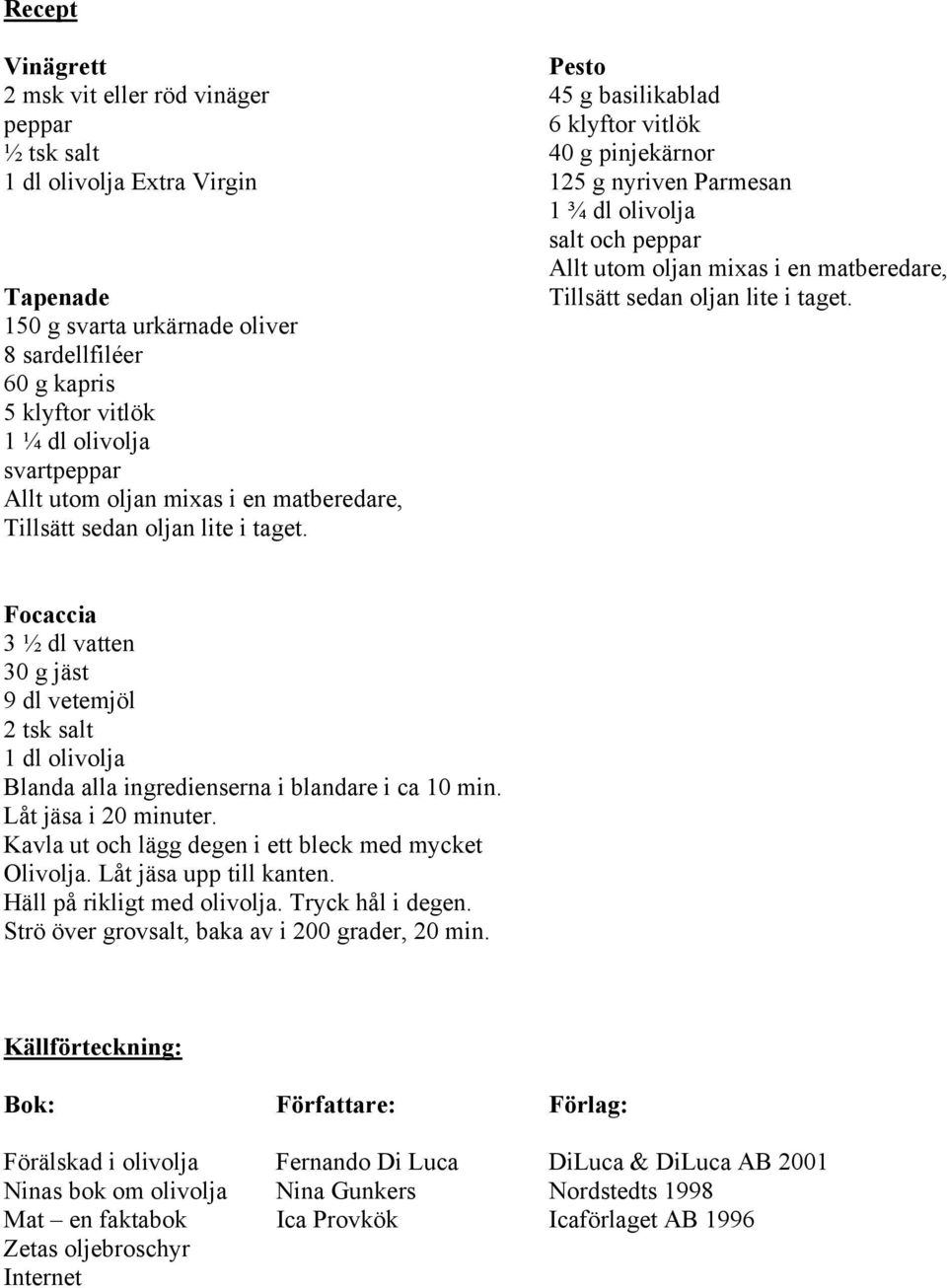 150 g svarta urkärnade oliver 8 sardellfiléer 60 g kapris 5 klyftor vitlök 1 ¼ dl olivolja svartpeppar Allt utom oljan mixas i en matberedare, Tillsätt sedan oljan lite i taget.