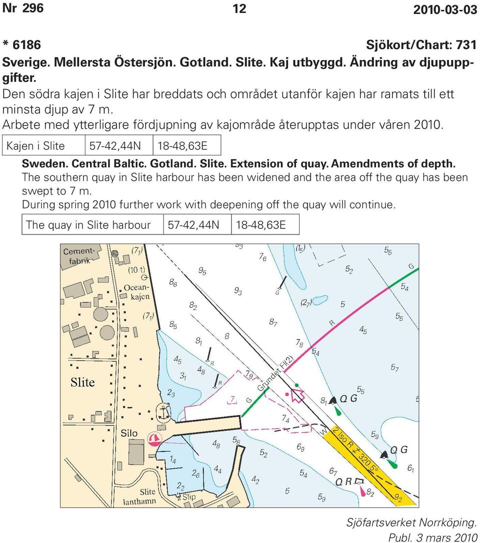 Arbete med ytterligare fördjupning av kajområde återupptas under våren 2010. Kajen i Slite 57-42,44N 18-48,63E Sweden. Central Baltic. Gotland. Slite. Extension of quay.