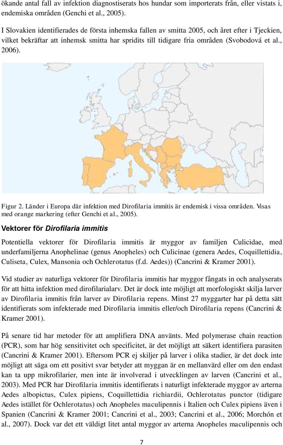Figur 2. Länder i Europa där infektion med Dirofilaria immitis är endemisk i vissa områden. Visas med orange markering (efter Genchi et al., 2005).