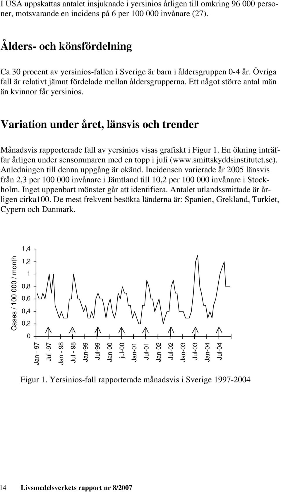 Ett något större antal män än kvinnor får yersinios. Variation under året, länsvis och trender Månadsvis rapporterade fall av yersinios visas grafiskt i Figur 1.