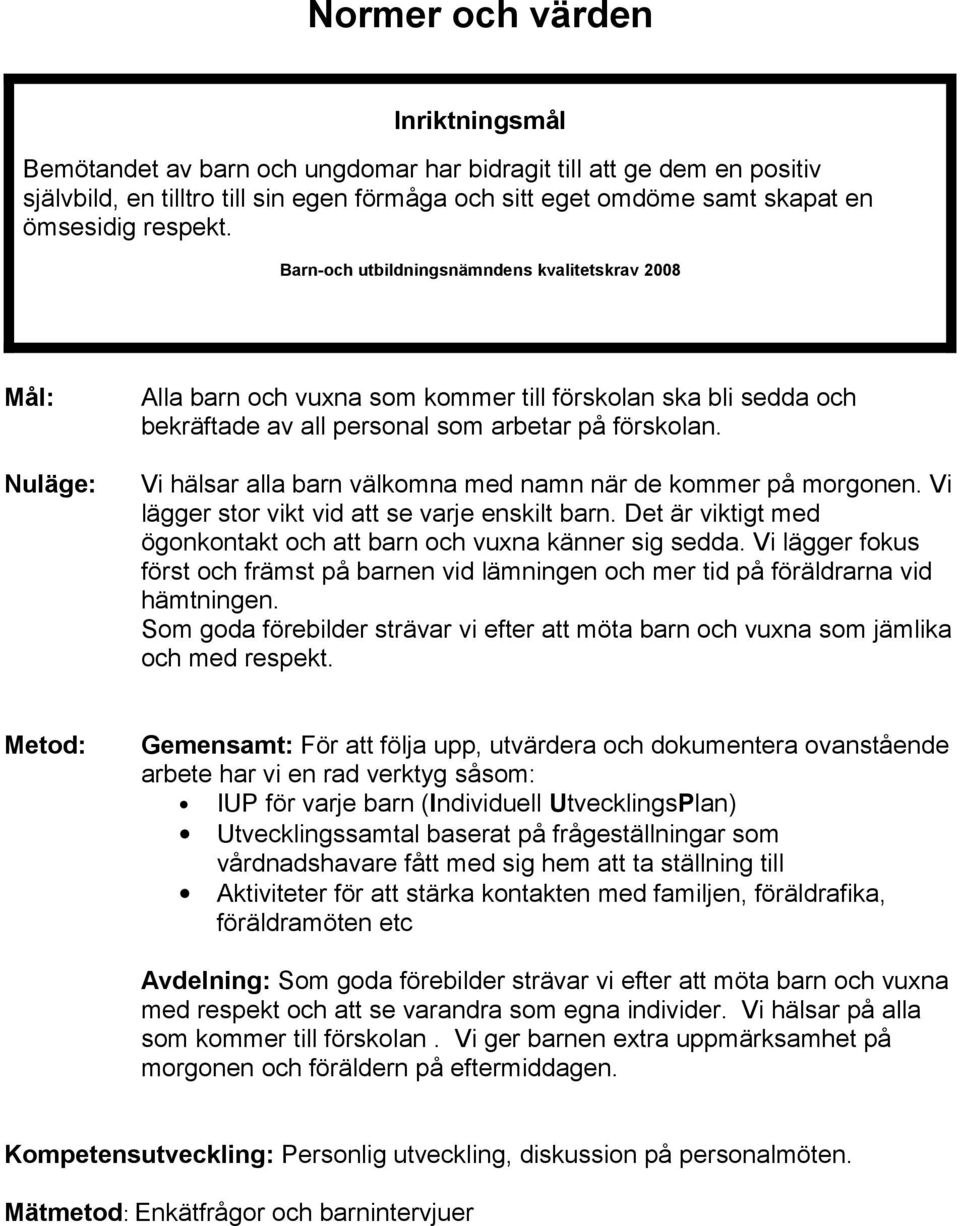 Vi hälsar alla barn välkomna med namn när de kommer på morgonen. Vi lägger stor vikt vid att se varje enskilt barn. Det är viktigt med ögonkontakt och att barn och vuxna känner sig sedda.