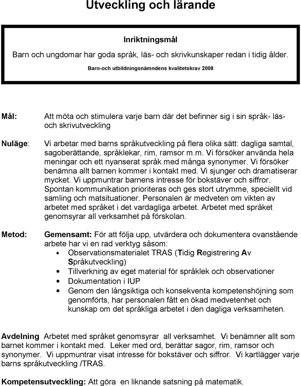 dagliga samtal, sagoberättande, språklekar, rim, ramsor m.m. Vi försöker använda hela meningar och ett nyanserat språk med många synonymer. Vi försöker benämna allt barnen kommer i kontakt med.