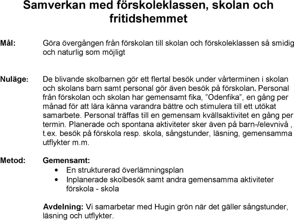 Personal från förskolan och skolan har gemensamt fika, Odenfika, en gång per månad för att lära känna varandra bättre och stimulera till ett utökat samarbete.