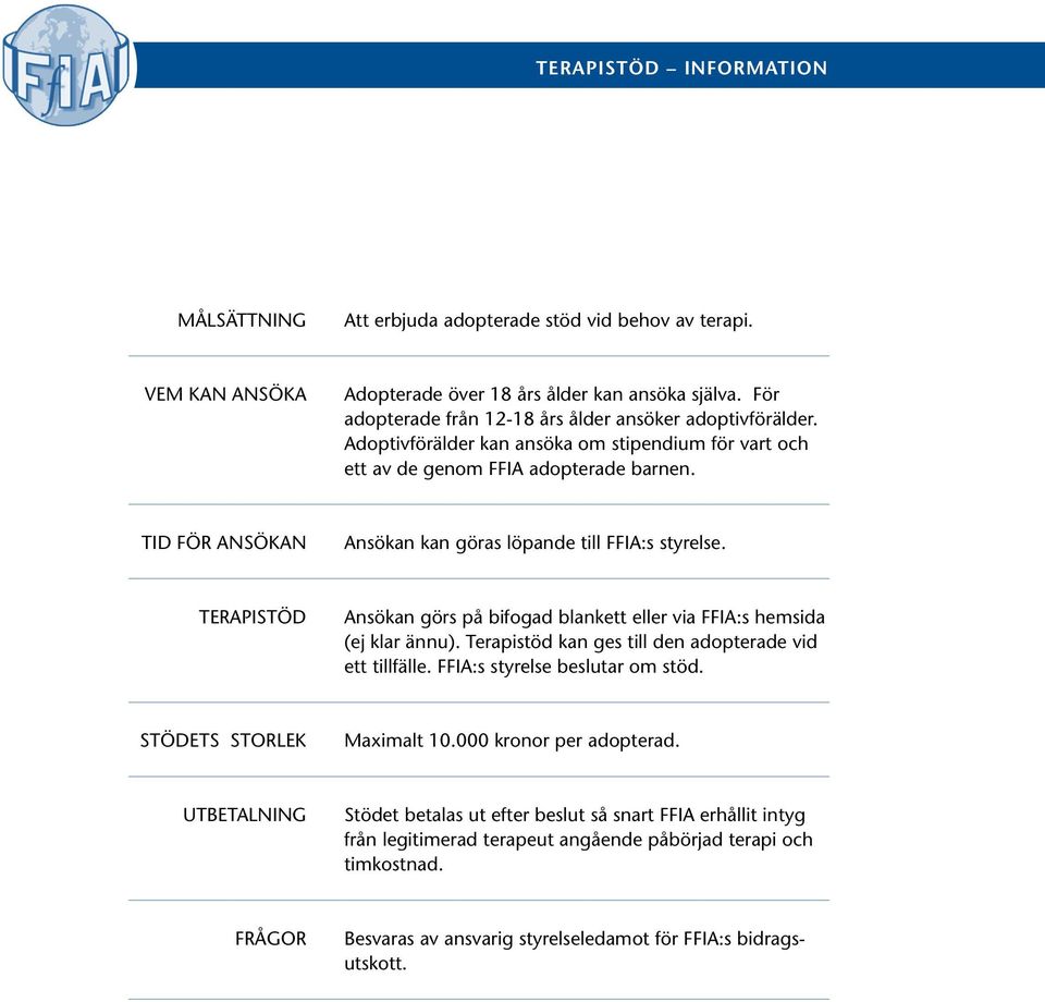 TID FÖR ANSÖKAN Ansökan kan göras löpande till FFIA:s styrelse. TERAPISTÖD Ansökan görs på bifogad blankett eller via FFIA:s hemsida (ej klar ännu).