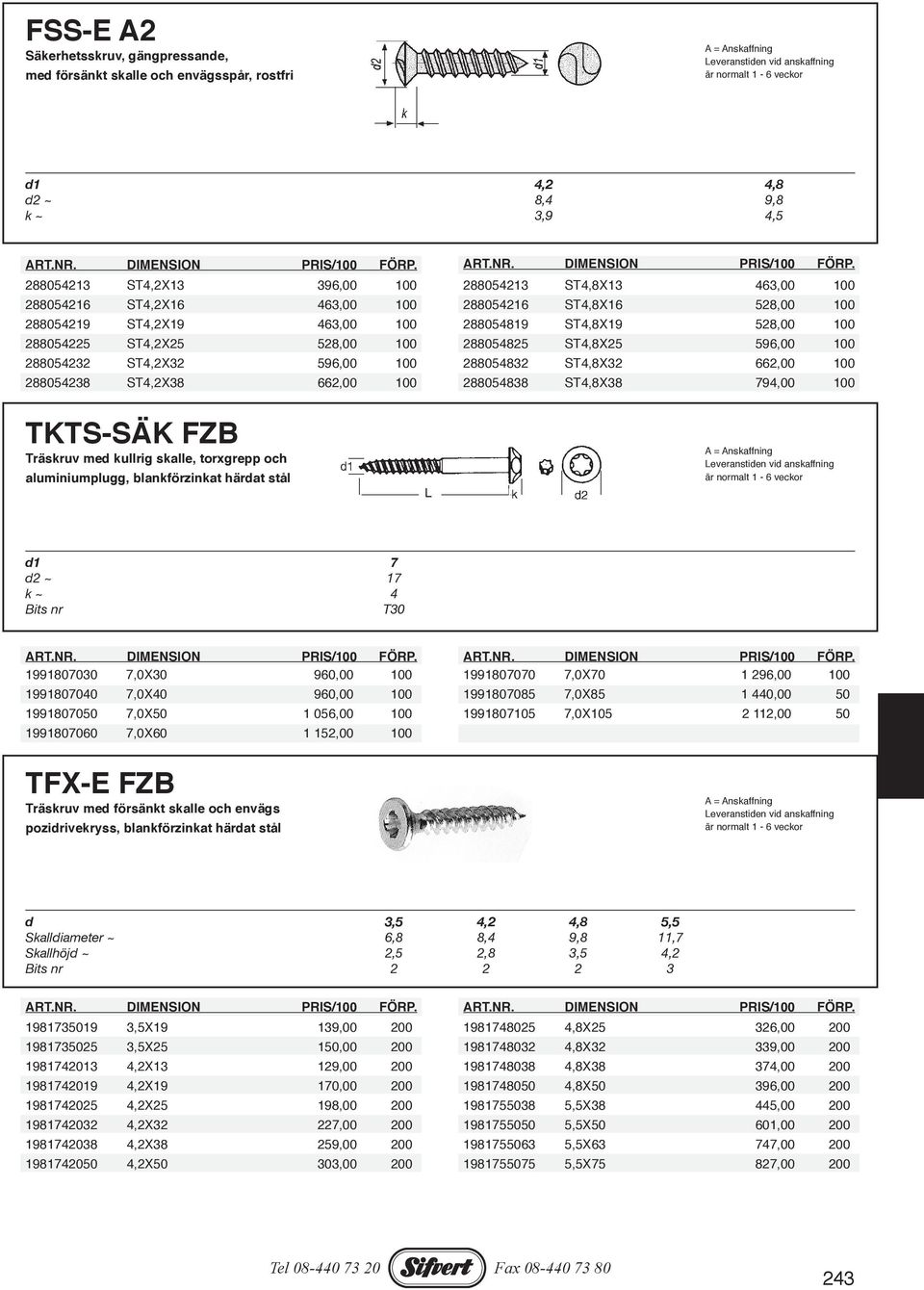 288054832 ST4,8X32 662,00 100 288054238 ST4,2X38 662,00 100 288054838 ST4,8X38 794,00 100 TKTS-SÄK FZB Träskruv med kullrig skalle, torxgrepp och aluminiumplugg, blankförzinkat härdat stål d1 7 d2 ~