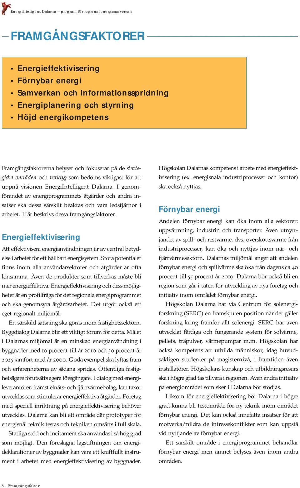 I genomförandet av energiprogrammets åtgärder och andra insatser ska dessa särskilt beaktas och vara ledstjärnor i arbetet. Här beskrivs dessa framgångsfaktorer.