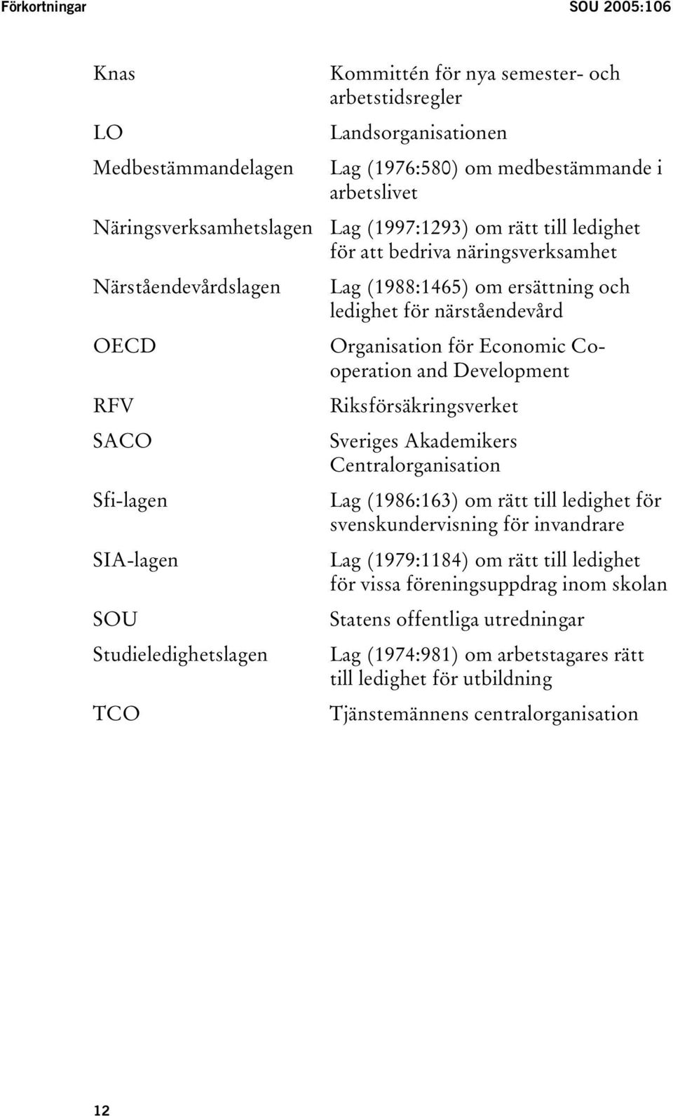 Development RFV Riksförsäkringsverket SACO Sveriges Akademikers Centralorganisation Sfi-lagen Lag (1986:163) om rätt till ledighet för svenskundervisning för invandrare SIA-lagen Lag (1979:1184) om