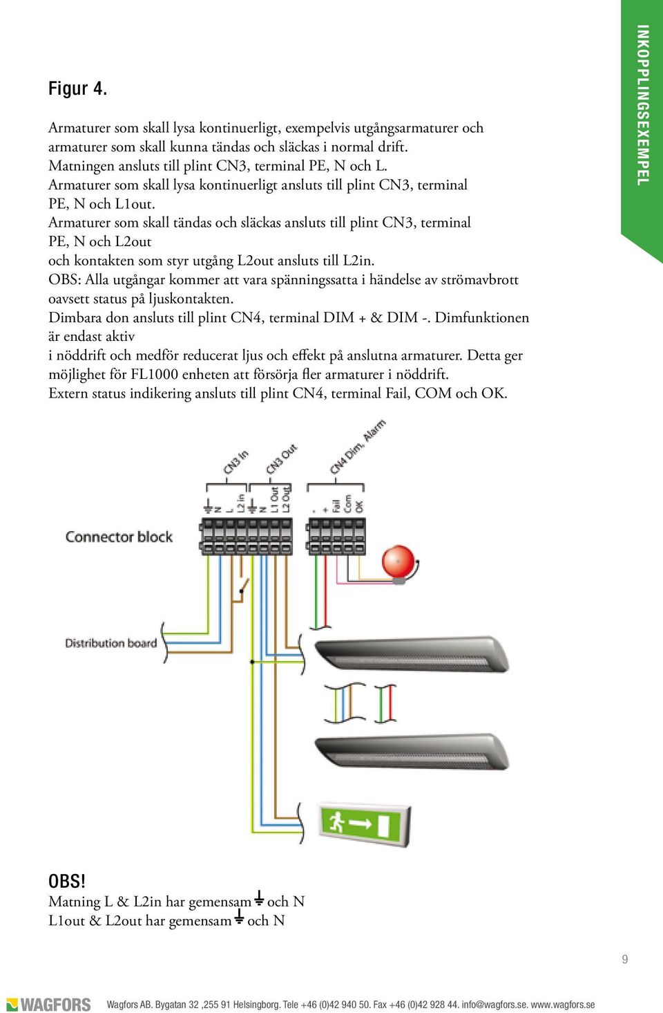 Armaturer som skall tändas och släckas ansluts till plint CN3, terminal PE, N och L2out och kontakten som styr utgång L2out ansluts till L2in.