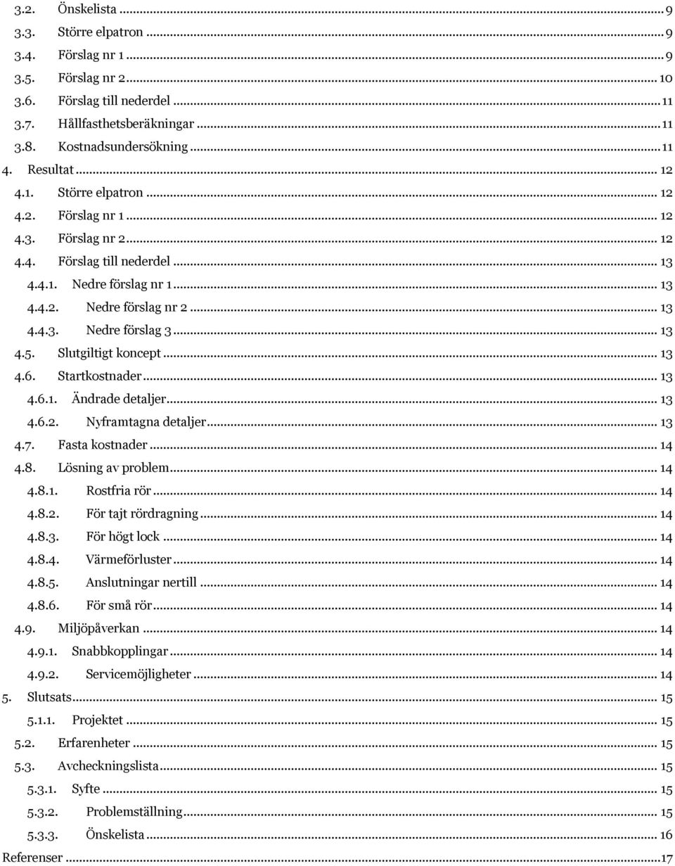 .. 13 4.5. Slutgiltigt koncept... 13 4.6. Startkostnader... 13 4.6.1. Ändrade detaljer... 13 4.6.2. Nyframtagna detaljer... 13 4.7. Fasta kostnader... 14 4.8. Lösning av problem... 14 4.8.1. Rostfria rör.