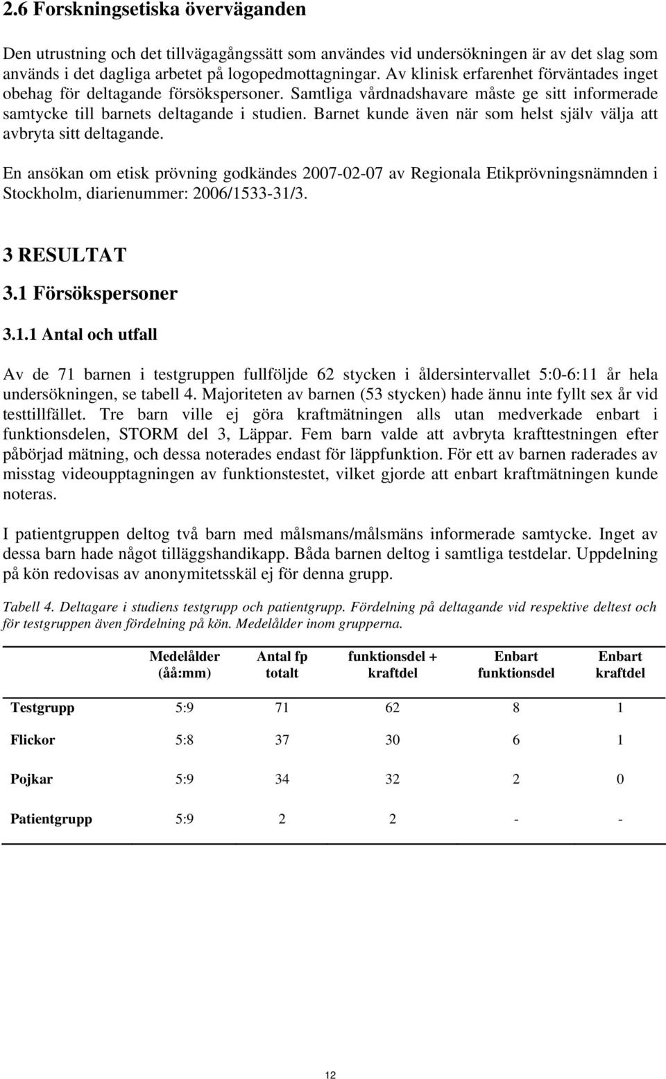 Barnet kunde även när som helst själv välja att avbryta sitt deltagande. En ansökan om etisk prövning godkändes 2007-02-07 av Regionala Etikprövningsnämnden i Stockholm, diarienummer: 2006/1533-31/3.