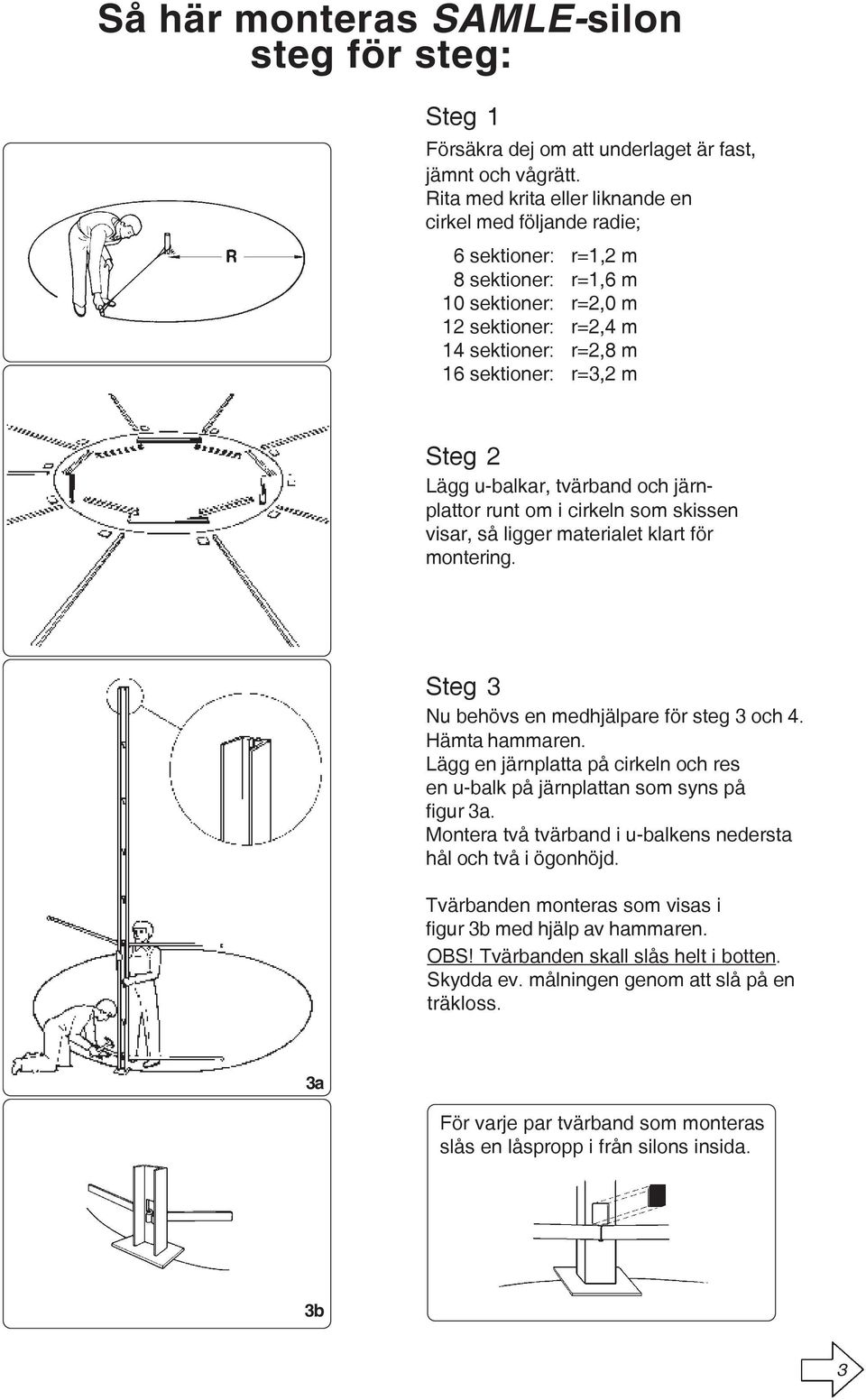 Lägg u-balkar, tvärband och järnplattor runt om i cirkeln som skissen visar, så ligger materialet klart för montering. Steg 3 Nu behövs en medhjälpare för steg 3 och 4. Hämta hammaren.