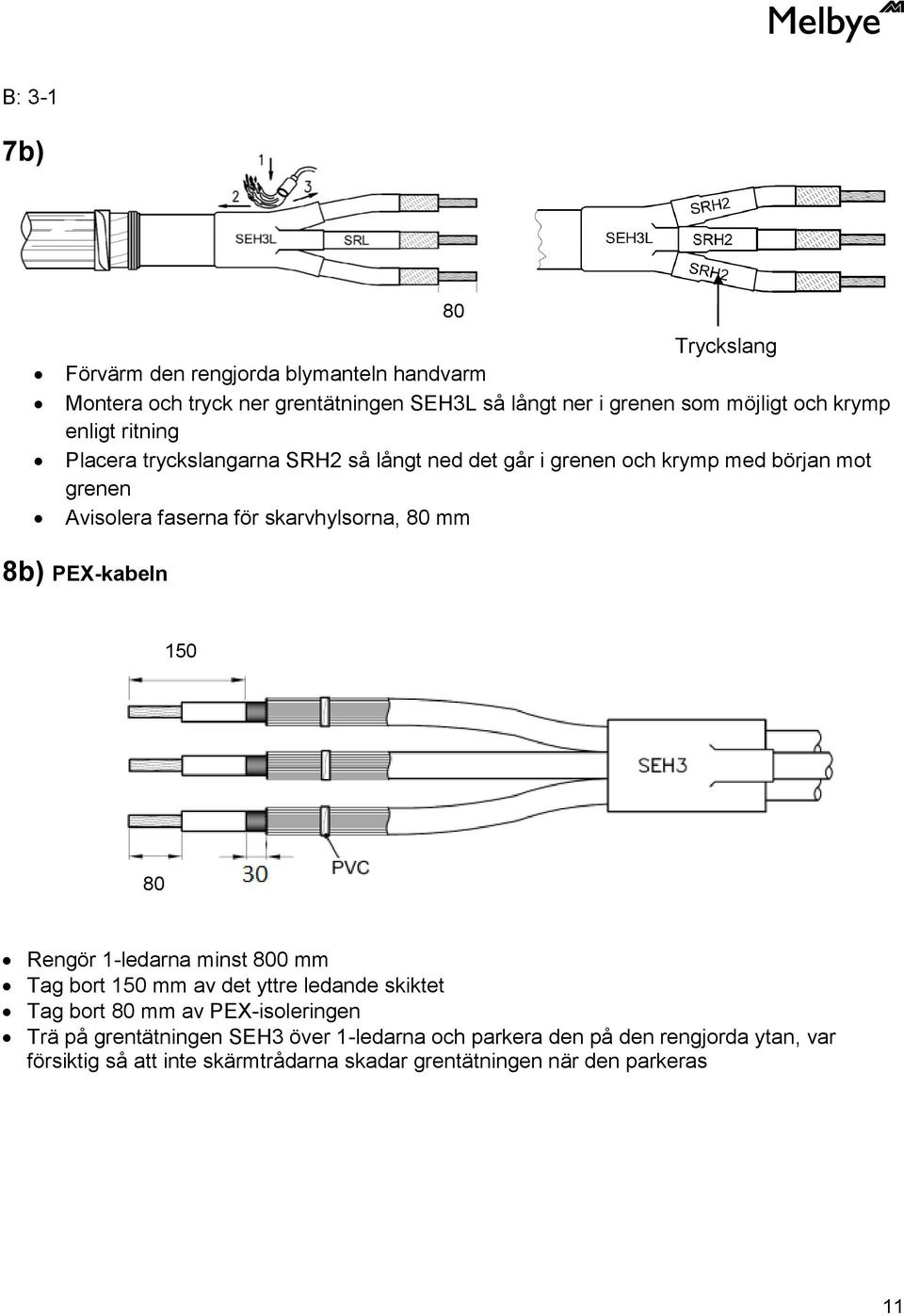 80 mm 8b) PEX-kabeln 150 80 Rengör 1-ledarna minst 800 mm Tag bort 150 mm av det yttre ledande skiktet Tag bort 80 mm av PEX-isoleringen Trä på