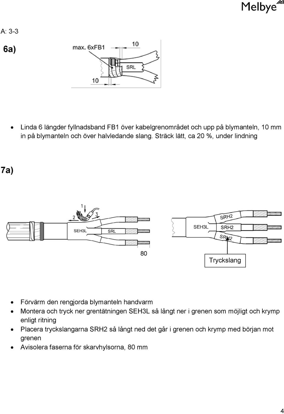 Sträck lätt, ca 20 %, under lindning 7a) 80 Tryckslang Förvärm den rengjorda blymanteln handvarm Montera och tryck