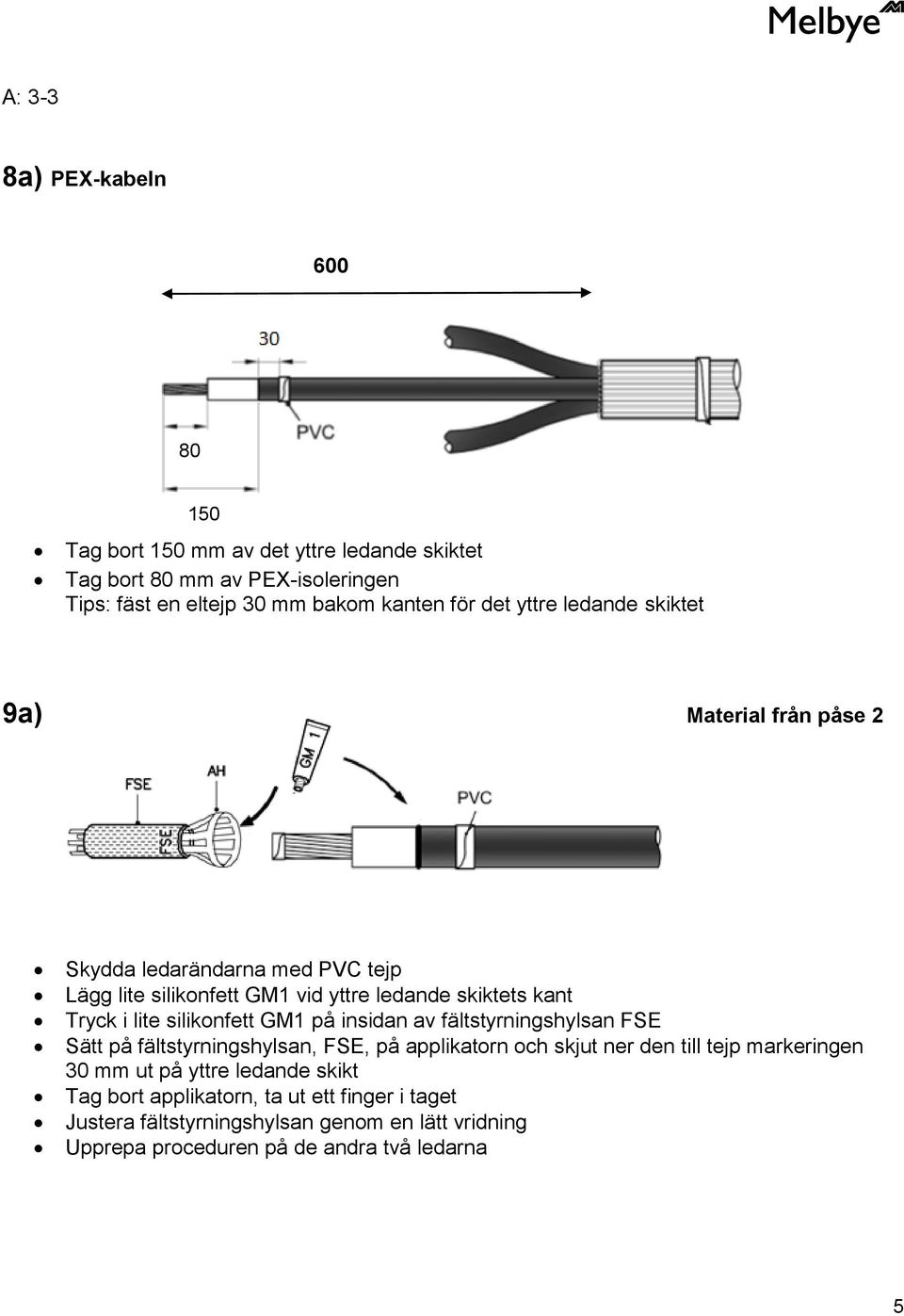 silikonfett GM1 på insidan av fältstyrningshylsan FSE Sätt på fältstyrningshylsan, FSE, på applikatorn och skjut ner den till tejp markeringen 30 mm ut på