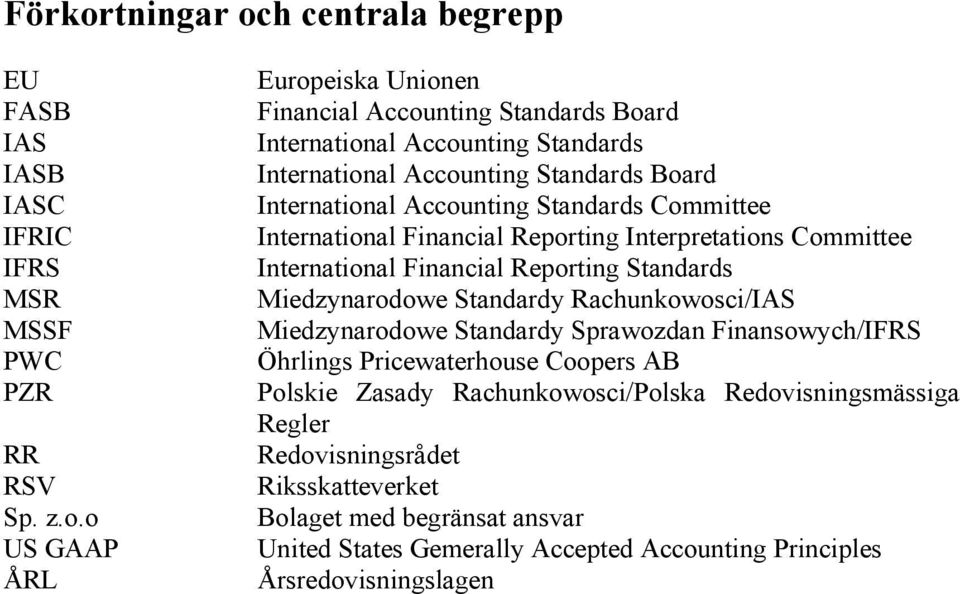 h centrala begrepp EU FASB IAS IASB IASC IFRIC IFRS MSR MSSF PWC PZR RR RSV Sp. z.o.