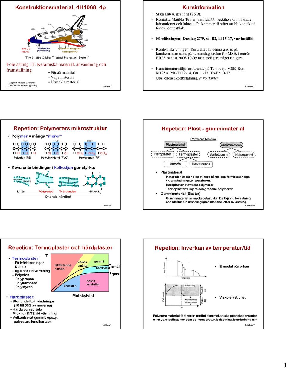 först C-C (1650 C) Adjunkt Anders Eliasson KTH/ITM/Metallernas gjutning Kisel plattor (400-1260 C) nylonfibrer, kiselgummi coating (400 C) "The Shuttle Orbiter Thermal Protection System" Föreläsning
