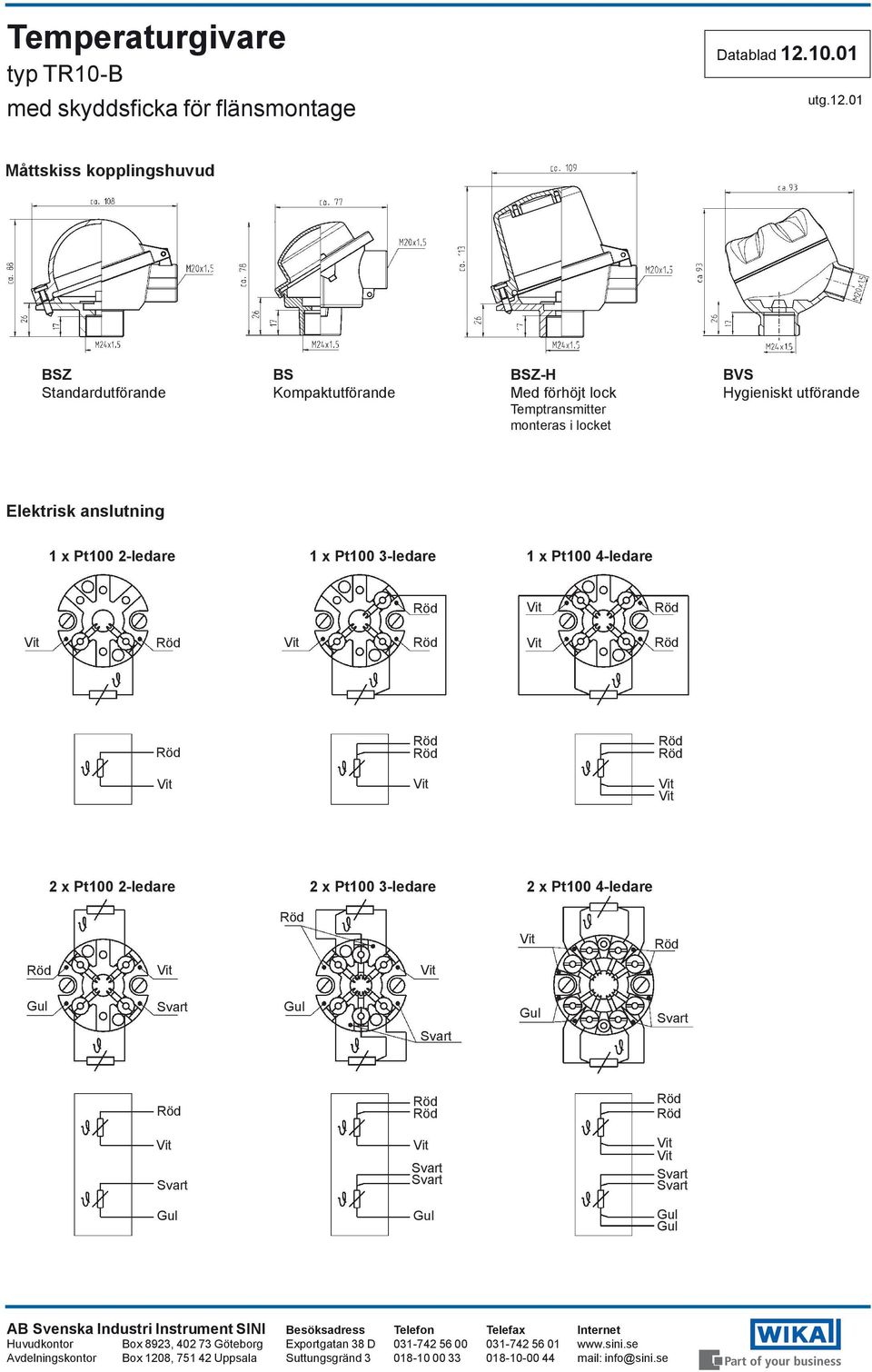 Hygieniskt utförande Elektrisk anslutning 1 x Pt100 2-ledare 1 x Pt100