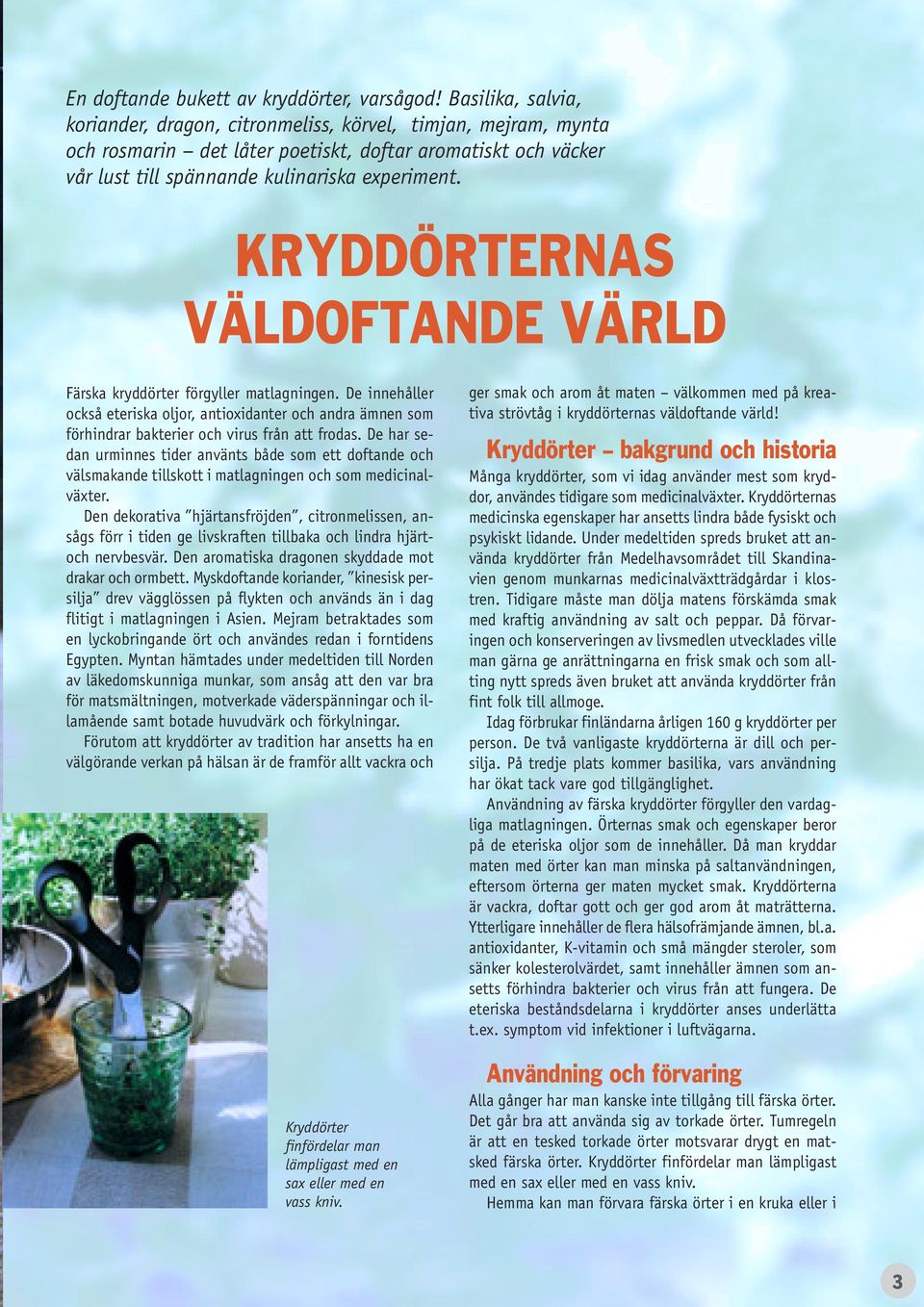 KRYDDÖRTERNAS VÄLDOFTANDE VÄRLD Färska kryddörter förgyller matlagningen. De innehåller också eteriska oljor, antioxidanter och andra ämnen som förhindrar bakterier och virus från att frodas.