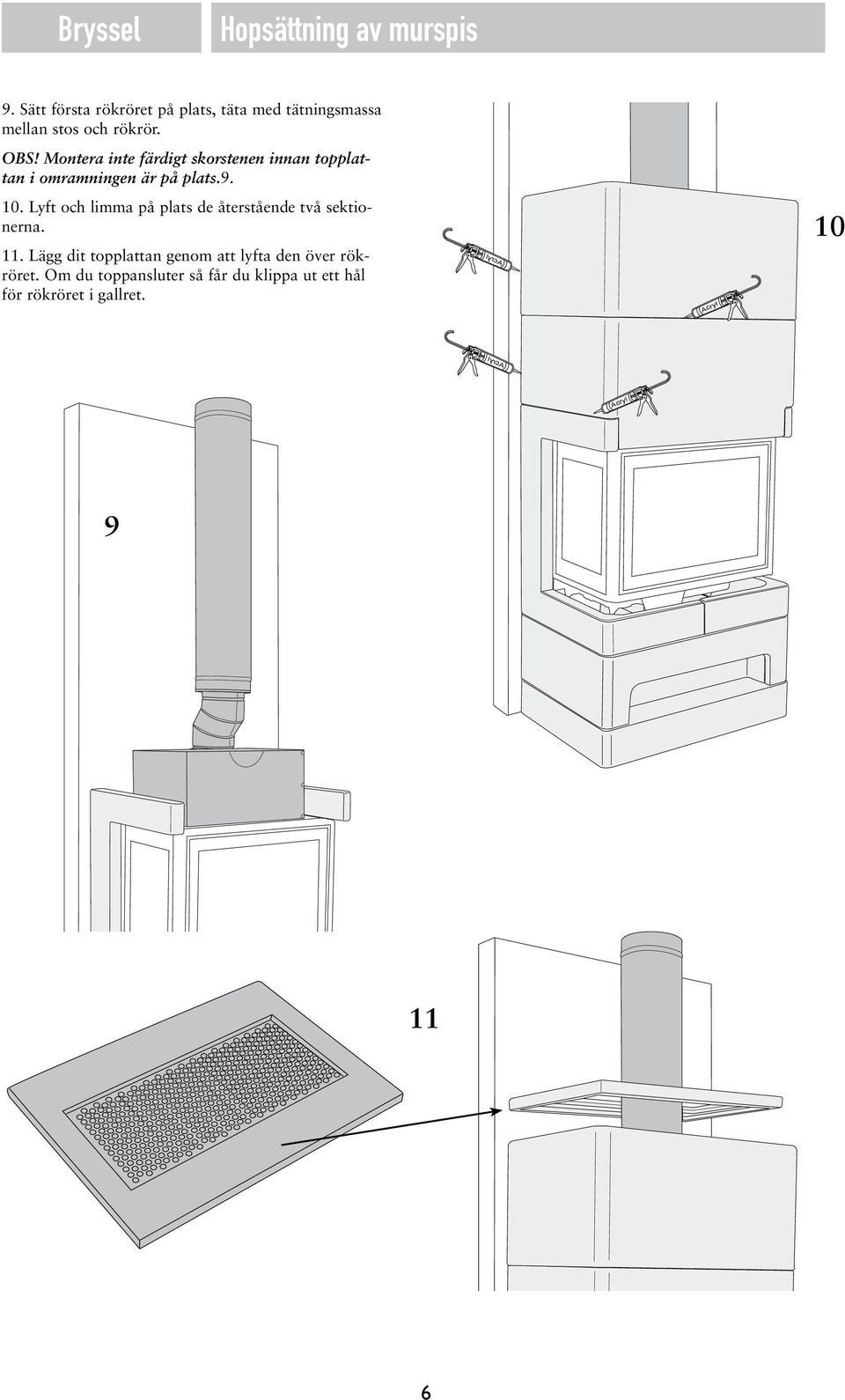 Montera inte färdigt skorstenen innan topplattan i omramningen är på plats.9. 10.