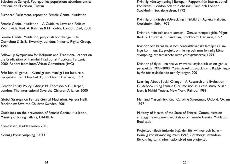 Eufa Dorkehoo & Scilla Elworthy, London: Minority Rights Group, 1992 Follow up Symposium for Religious and Traditional leaders on the Eradication of Harmful Traditional Practices, Tanzania 2000,