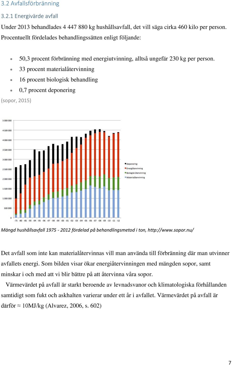 33 procent materialåtervinning 16 procent biologisk behandling 0,7 procent deponering Mängd hushållsavfall 1975-2012 fördelad på behandlingsmetod i ton, http://www.sopor.