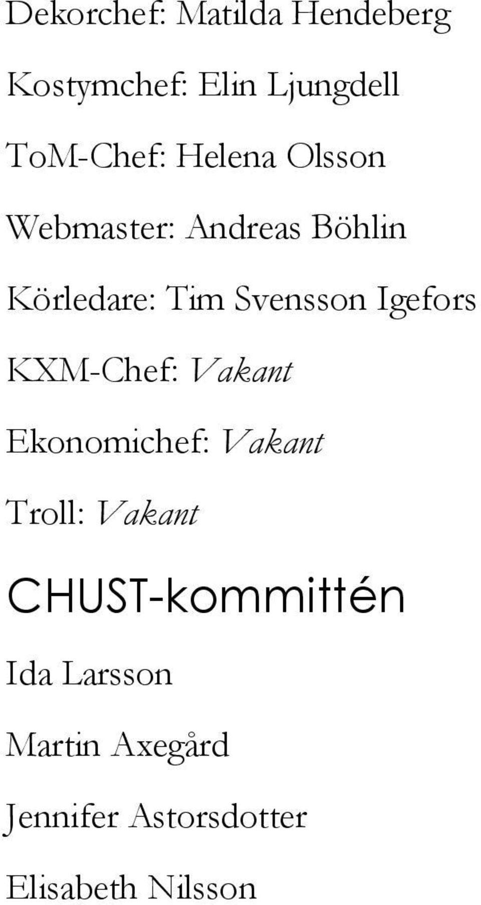 Igefors KXM-Chef: Vakant Ekonomichef: Vakant Troll: Vakant