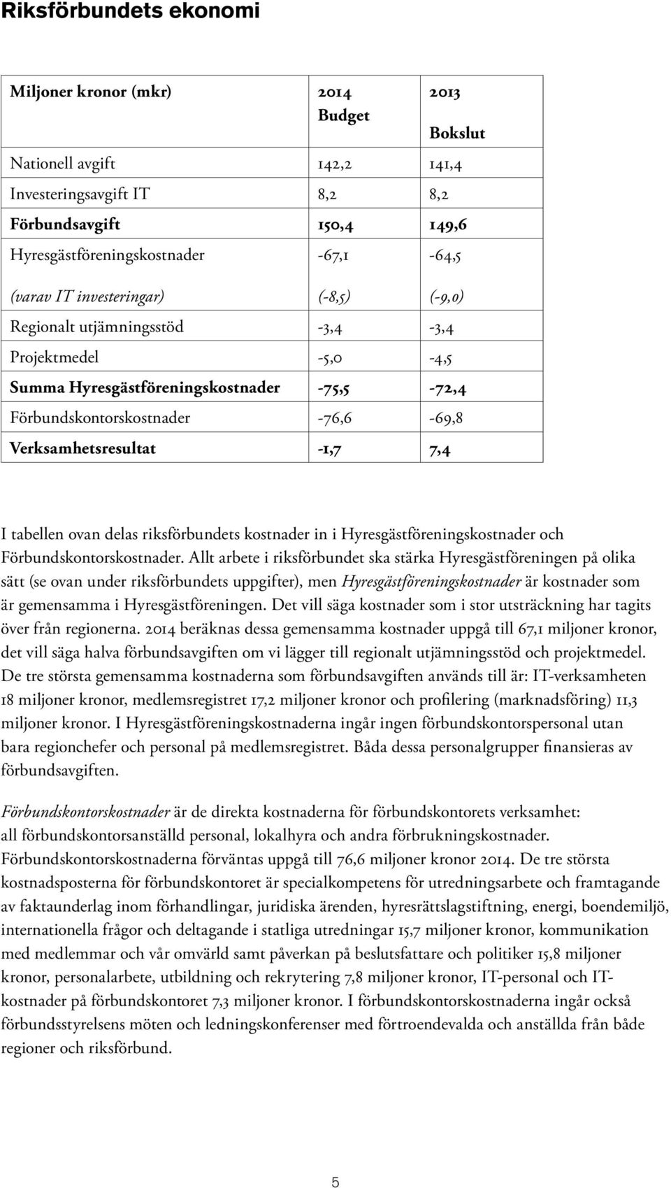 -1,7 7,4 I tabellen ovan delas riksförbundets kostnader in i Hyresgästföreningskostnader och Förbundskontorskostnader.