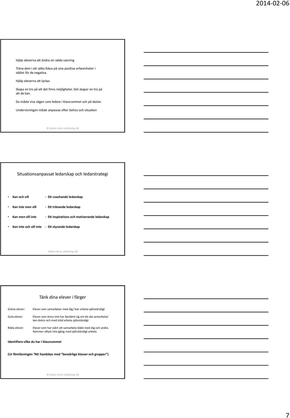 Du måste visa vägen som ledare i klassrummet och på skolan Undervisningen måste anpassas efter behov och situation Situationsanpassat ledarskap och ledarstrategi Kan och vill - Ett coachande
