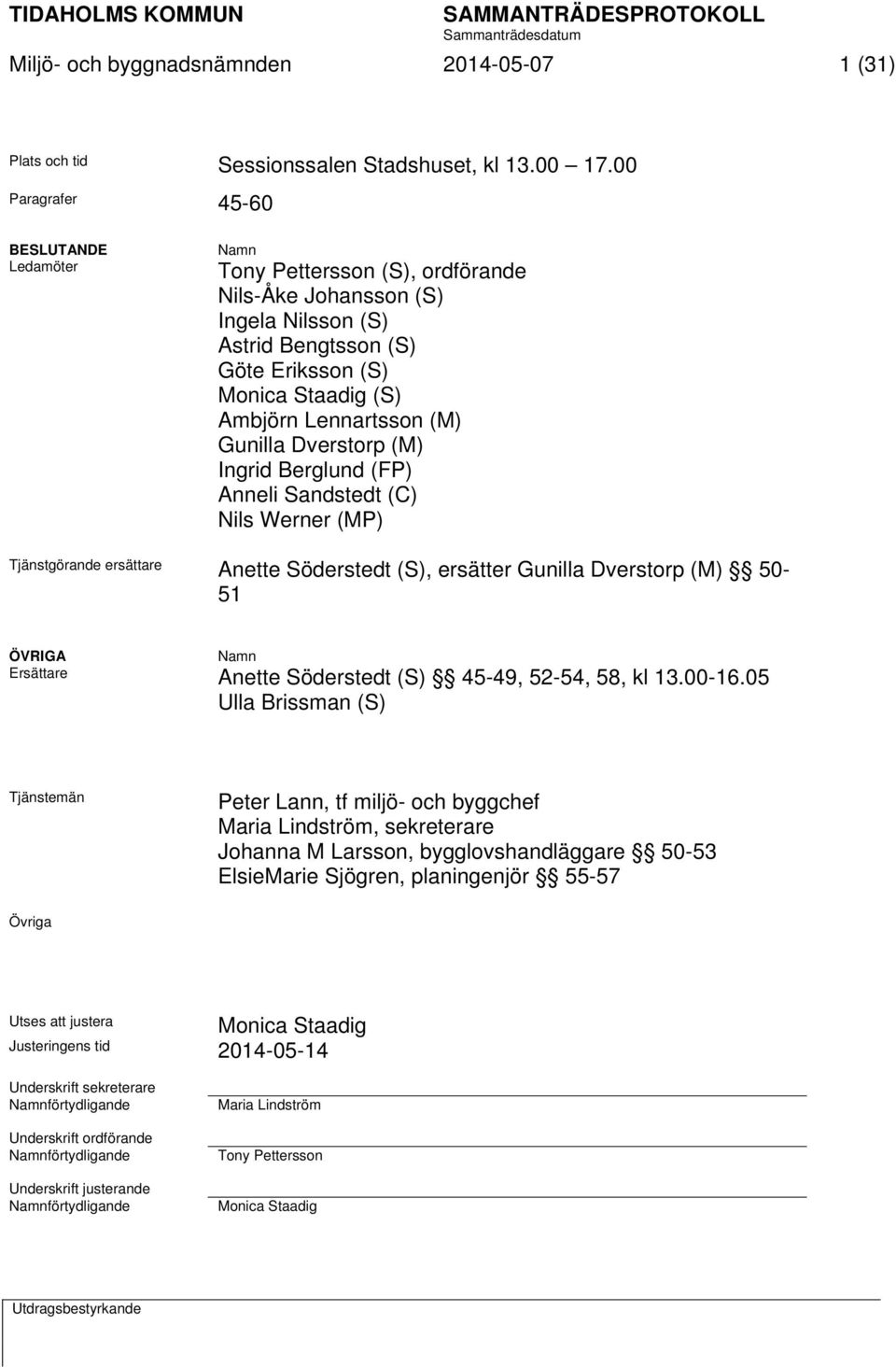 (M) Gunilla Dverstorp (M) Ingrid Berglund (FP) Anneli Sandstedt (C) Nils Werner (MP) Tjänstgörande ersättare Anette Söderstedt (S), ersätter Gunilla Dverstorp (M) 50-51 ÖVRIGA Namn Ersättare Anette