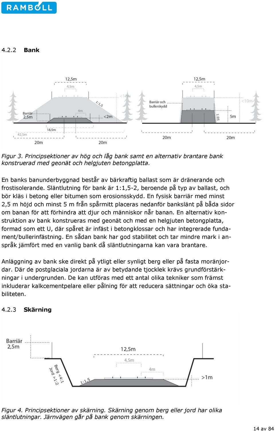 Släntlutning för bank är 1:1,5-2, beroende på typ av ballast, och bör kläs i betong eller bitumen som erosionsskydd.