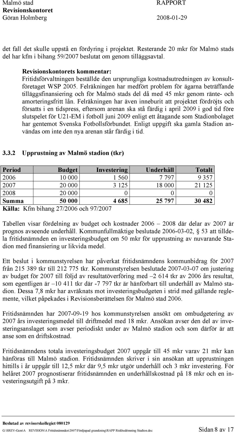 Felräkningen har medfört problem för ägarna beträffande tilläggsfinansiering och för Malmö stads del då med 45 mkr genom ränte- och amorteringsfritt lån.