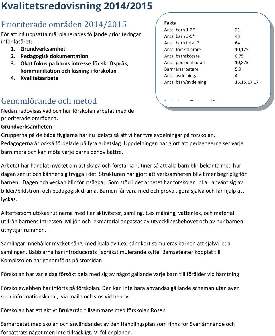 Kvalitetsarbete Fakta Antal barn 1-2* 21 Antal barn 3-5* 43 Antal barn totalt* 64 Antal förskollärare 10,125 Antal barnskötare 0,75 Antal personal totalt 10,875 Barn/årsarbetare 5,9 Antal avdelningar